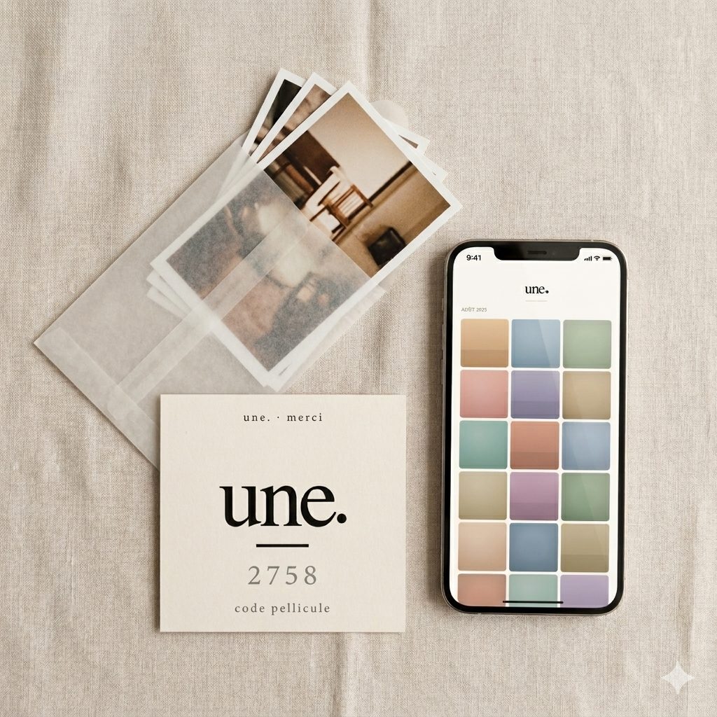 un carton une. avec le code pellicule 2758, un iPhone affichant la galerie de l'app, et des tirages photo argentique posés sur du lin